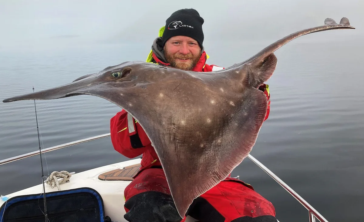 Endre med spisskate i båten på speilblank, disig fjord