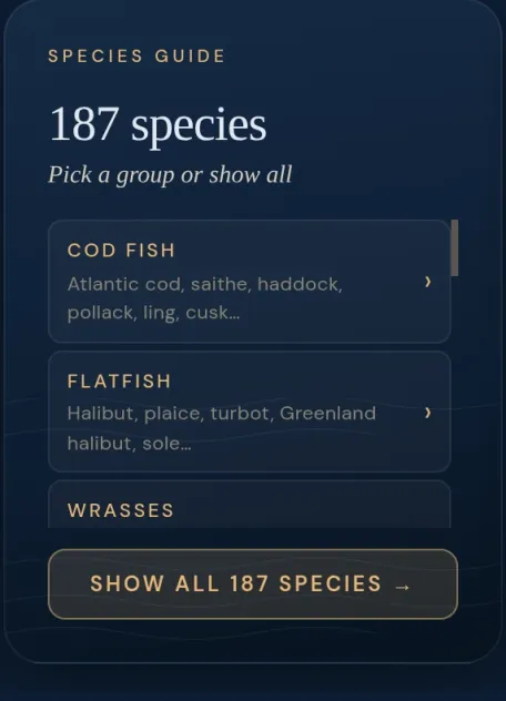 FjordSpot My Page: the species guide with 187 Norwegian species, organized into groups