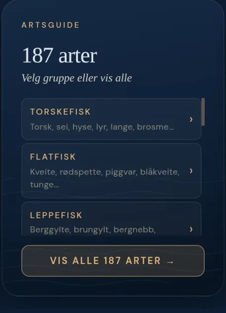 FjordSpot Min Side: artsguiden med 187 norske arter, organisert i grupper