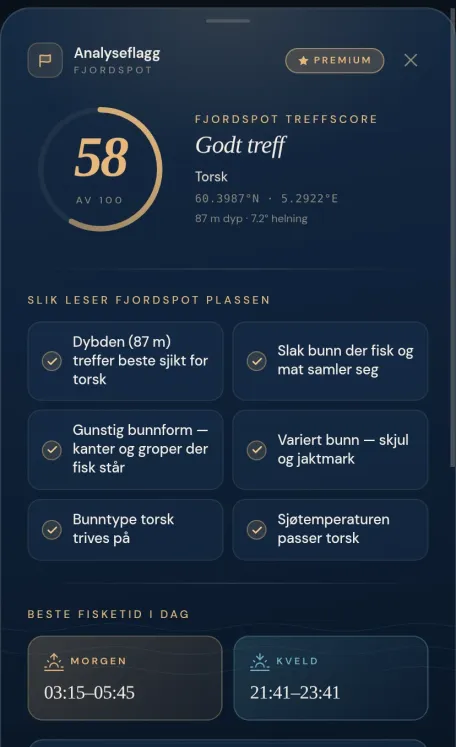FjordSpot TreffKort: treffscore med begrunnelse, beste fisketid, vær og tidevann på ett kort
