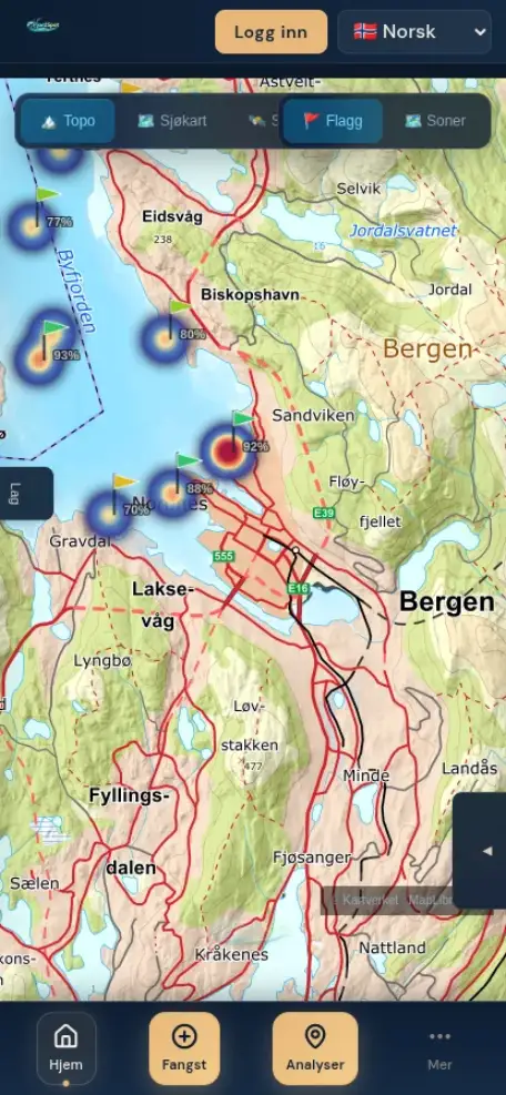 FjordSpot-kartet med «Best nå»-flagg på de mest lovende fiskeplassene